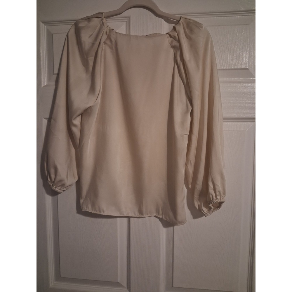LOFT Womens Medium Beige V Neck Puff Sleeve Blouse Business Casual Formal Top - Picture 5 of 10